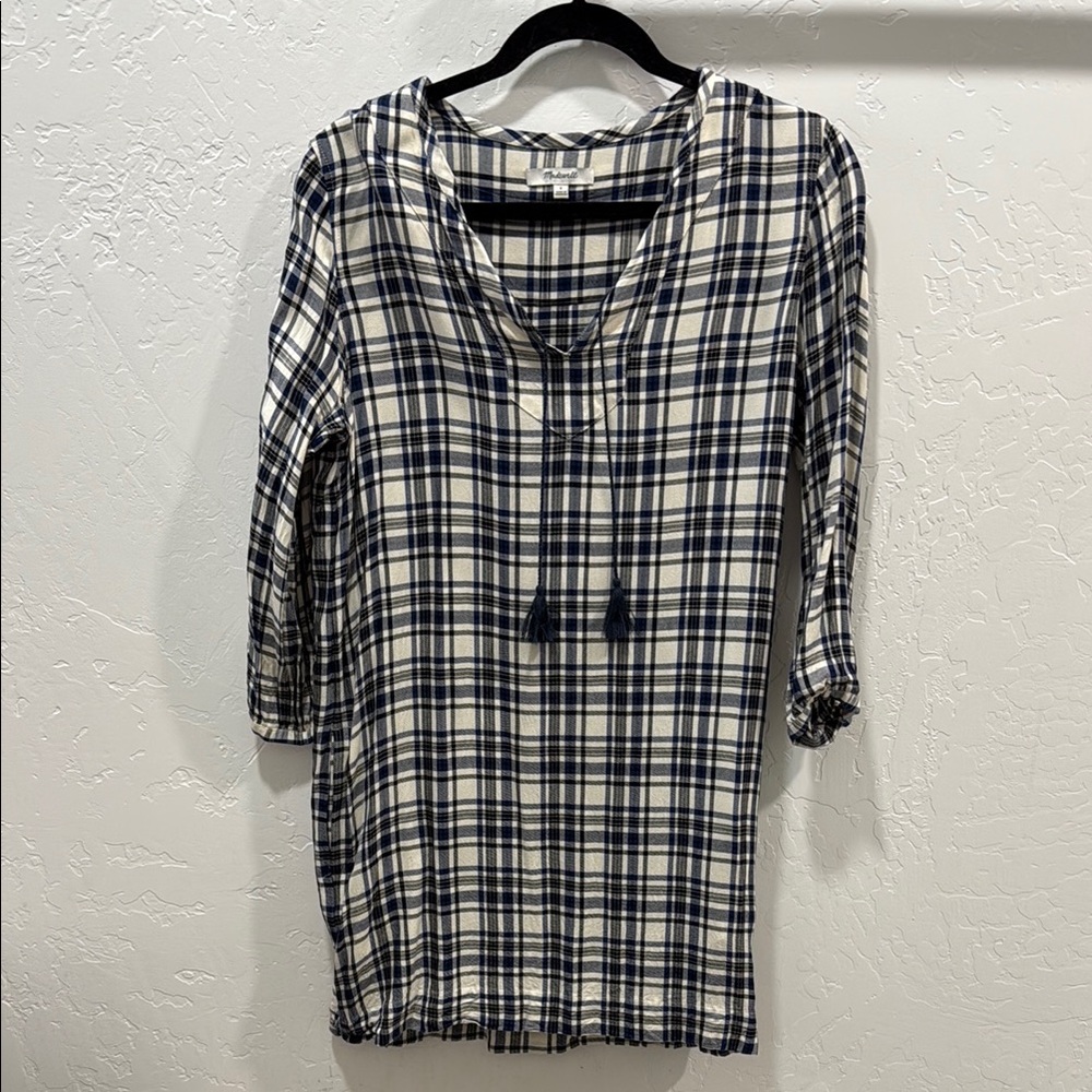 Madewell Blue/White Scoop Neck Tassel 3/4 Sleeve Shirt Dress